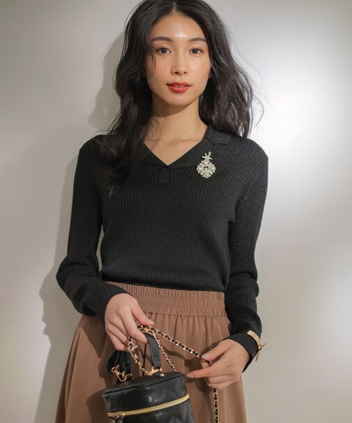 ラメリブポロ襟 ニット