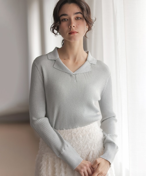 ラメリブポロ襟 ニット