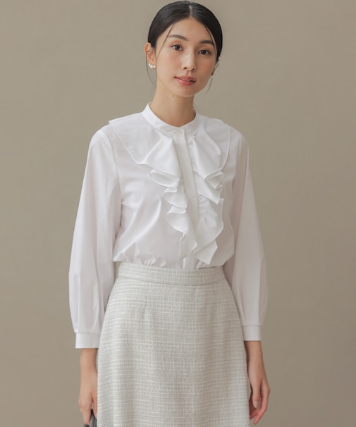 【KUMIKYOKU NAVY】コットンタッチシャーティングラッフルフレア ブラウス