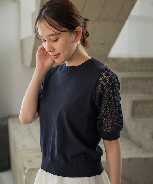 コットンフラワーレーシープルオーバー ニット