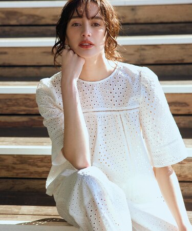 エンブロイダリーレース5分袖 ブラウス