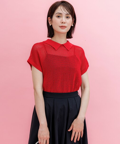 【WEB限定・前後着用可】メッシュニット 襟付き半袖カーディガン