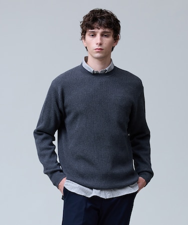 冬仕様の非ウールニット【ストレッチ / イージーケア】【FLEX YARN】片畔クルーネック ニット