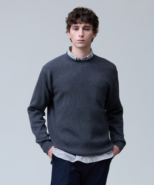 冬仕様の非ウールニット【ストレッチ / イージーケア】【FLEX YARN】片畔クルーネック ニット