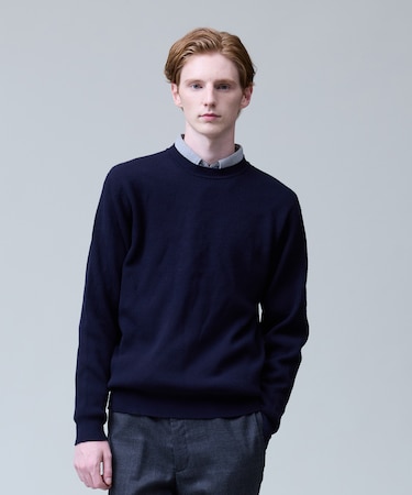 冬仕様の非ウールニット【ストレッチ / イージーケア】【FLEX YARN】片畔クルーネック ニット