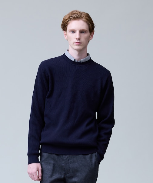 冬仕様の非ウールニット【ストレッチ / イージーケア】【FLEX YARN】片畔クルーネック ニット