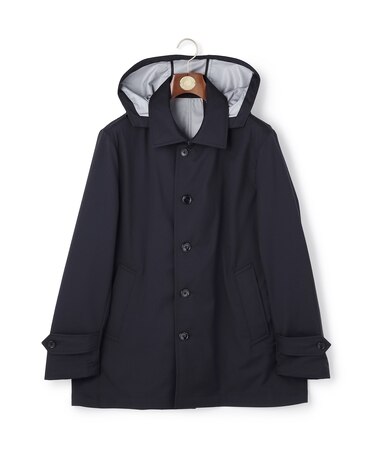 【オンオフ兼用 / ストレッチ / 撥水 / 洗える】トリコット3レイヤーバルマカンショートコート / フードデタッチャブル