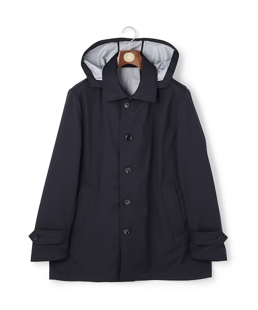 【オンオフ兼用 / ストレッチ / 撥水 / 洗える】トリコット3レイヤーバルマカンショートコート / フードデタッチャブル