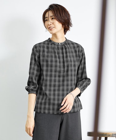 ストライプ＆チェック バンドカラー カットソー