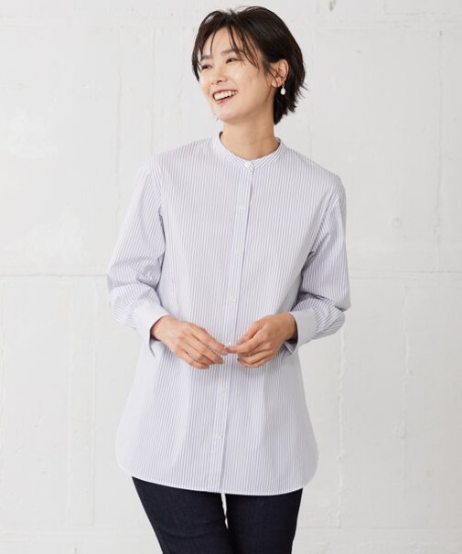 【洗える】ストライプ バンドカラー ブラウス