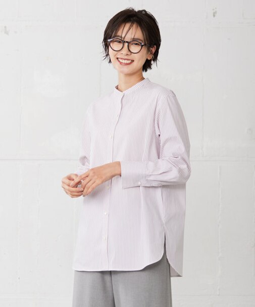 【洗える】ストライプ バンドカラー ブラウス