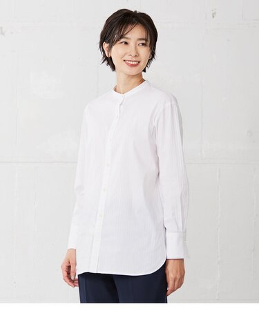 【洗える】ドビーストレッチ バンドカラー ブラウス