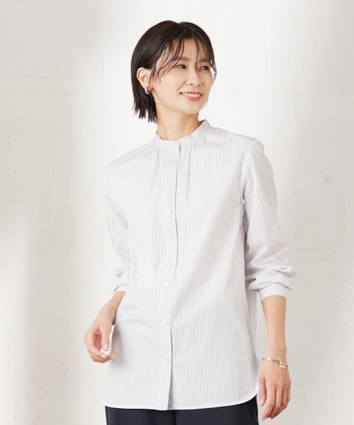 【洗える】 コンパクトコットン ストライプ バンドカラー ブラウス