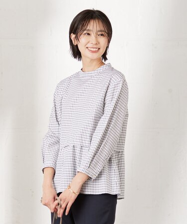 【洗える】 セルロースチェック スタンドカラー ブラウス