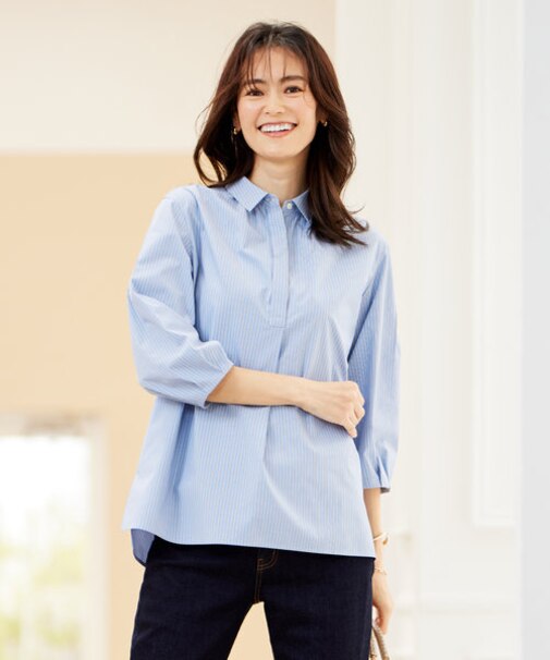 【WEB限定カラーあり・洗える・接触冷感・UVカット・イージーケア】 エステネージュストライプ ブラウス