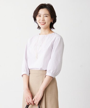 【洗える】APESCO ストライプ ボリュームスリーブ ブラウス