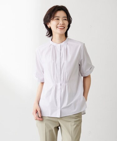 【洗える】APESCO ストライプ バンドカラー ブラウス