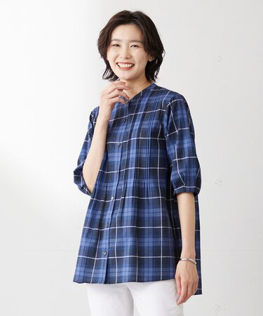 【洗える】モデレートマドラス バンドカラー ピンタック ブラウス