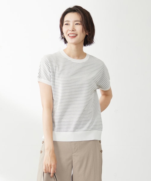 【洗える・抗菌防臭】コットンアセテート ボーダー ドルマン ニット
