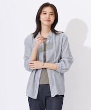 【洗える】コットンアセVis ストライプ シャツカラー ブラウス