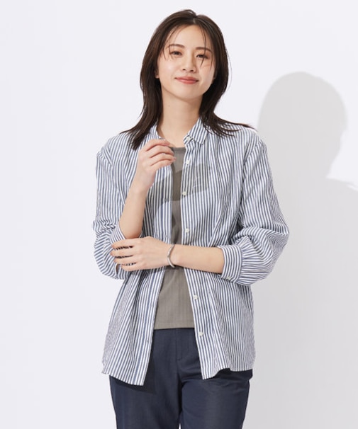 【洗える】コットンアセVis ストライプ シャツカラー ブラウス