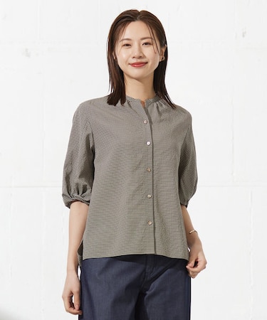 【洗える】バイカラーギンガム&ストライプ ブラウス