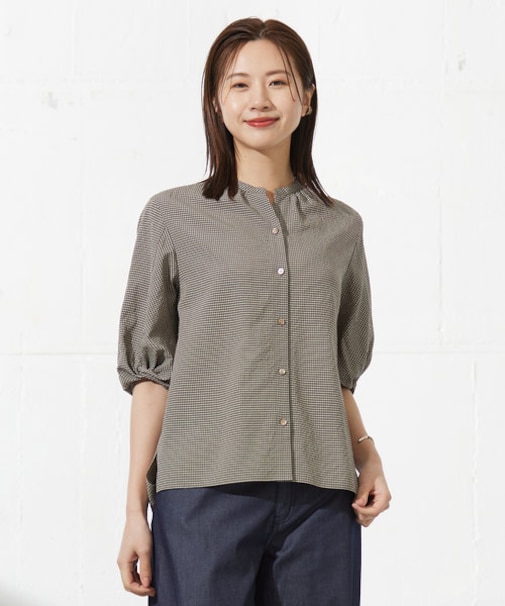 【洗える】バイカラーギンガム&ストライプ ブラウス