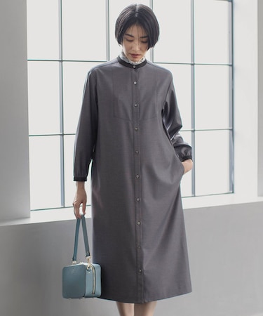 【洗える】T/Rウォッシャブルギャバ バンドカラー ワンピース