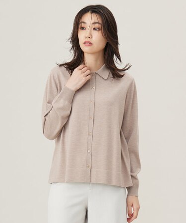 【洗える】WORSTED WOOL BLEND ポロ襟付き カーディガン