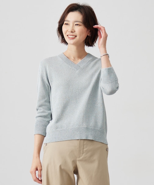 【洗える】GIMA COTTON ミックスカラー Vネック ニット