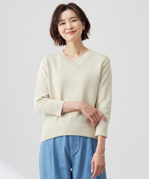 【洗える】GIMA COTTON ミックスカラー Vネック ニット