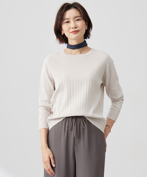 【洗える】Cotton Acetate ストライプ ニット プルオーバー