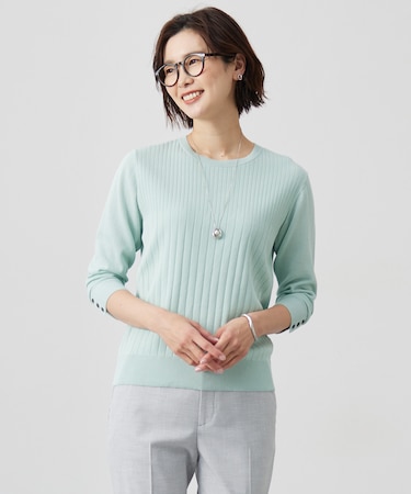 【洗える】Cotton Acetate ストライプ ニット プルオーバー