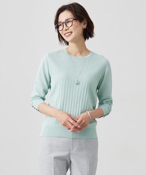 【洗える】Cotton Acetate ストライプ ニット プルオーバー
