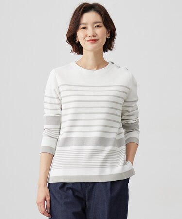 【洗える】Cotton Acetate パネルボーダー プルオーバー ニット