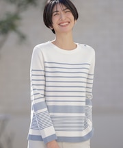 【洗える】Cotton Acetate パネルボーダー プルオーバー ニット