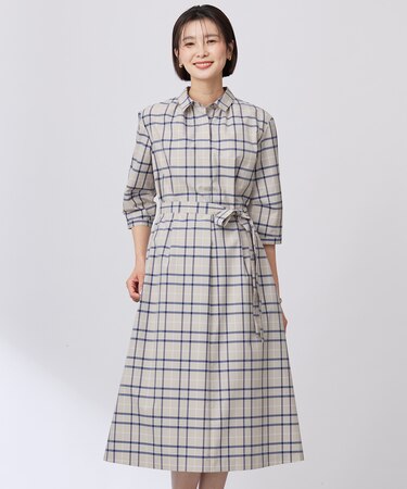 【洗える】コンパクトチェック シャツカラー ワンピース