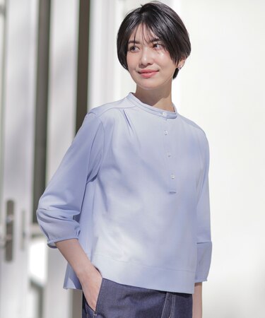 【洗える】プレーティングジャージー バンドカラー カットソー