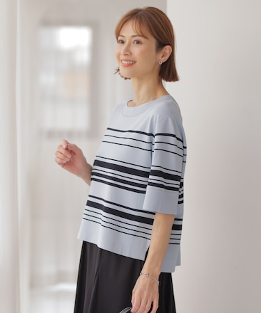 【洗える】RAYON ELITE STRETCH ボーダー ニットT