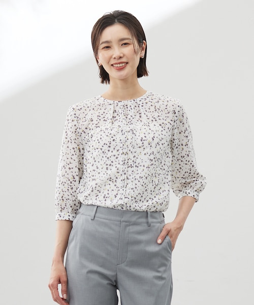 めろんぱんなです★美品★【洗える】ウッドブロック フローラル ブラウス 再入荷/カーキ1点限り】綿ボイルiro-iroブロックプリント