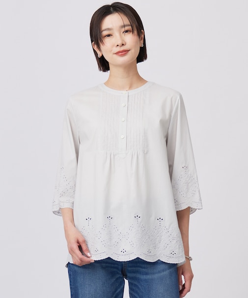 【洗える】セルロースライト刺繍 ピンタック ブラウス