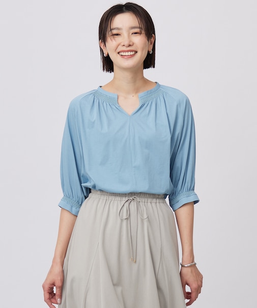 【洗える】トリコットバイオ シャーリング カットソー