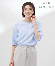 【WEB限定・洗える】ストライプ キーネック ブラウス