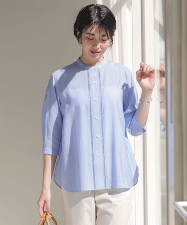 【WEB限定カラーあり・洗える】Sheer Vis リネン バンドカラー ブラウス