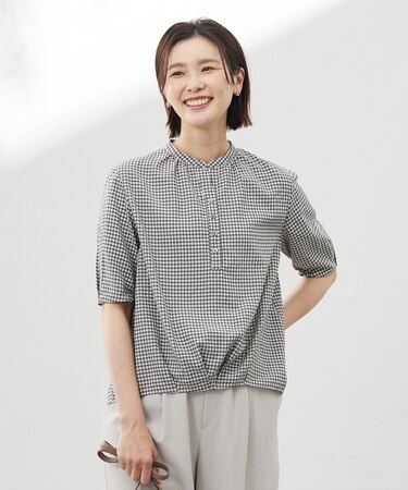 【洗える】アセVisギンガム バンドカラー ブラウス