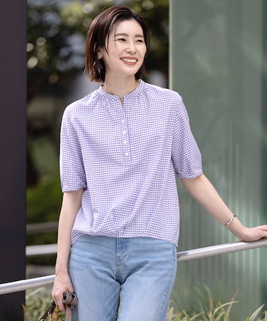 【洗える】アセVisギンガム バンドカラー ブラウス