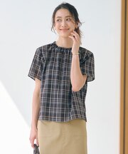 【洗える】シアーストライプ＆チェック ブラウスライク カットソー