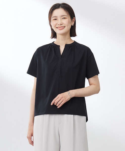 【洗える・接触冷感】プレーティングジャージー バンドカラー カットソー