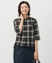 【WEB限定カラーあり・洗える】SOFT SHEER チェック キーネック ブラウス