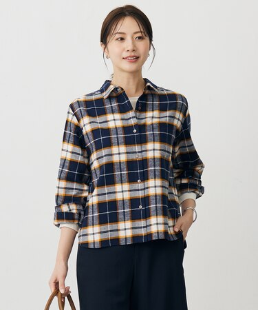 【洗える】コットン起毛タータンチェック ショート丈 シャツ ブラウス